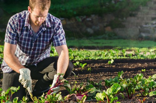 Trained gardener wearing PPE preparing tools on-site